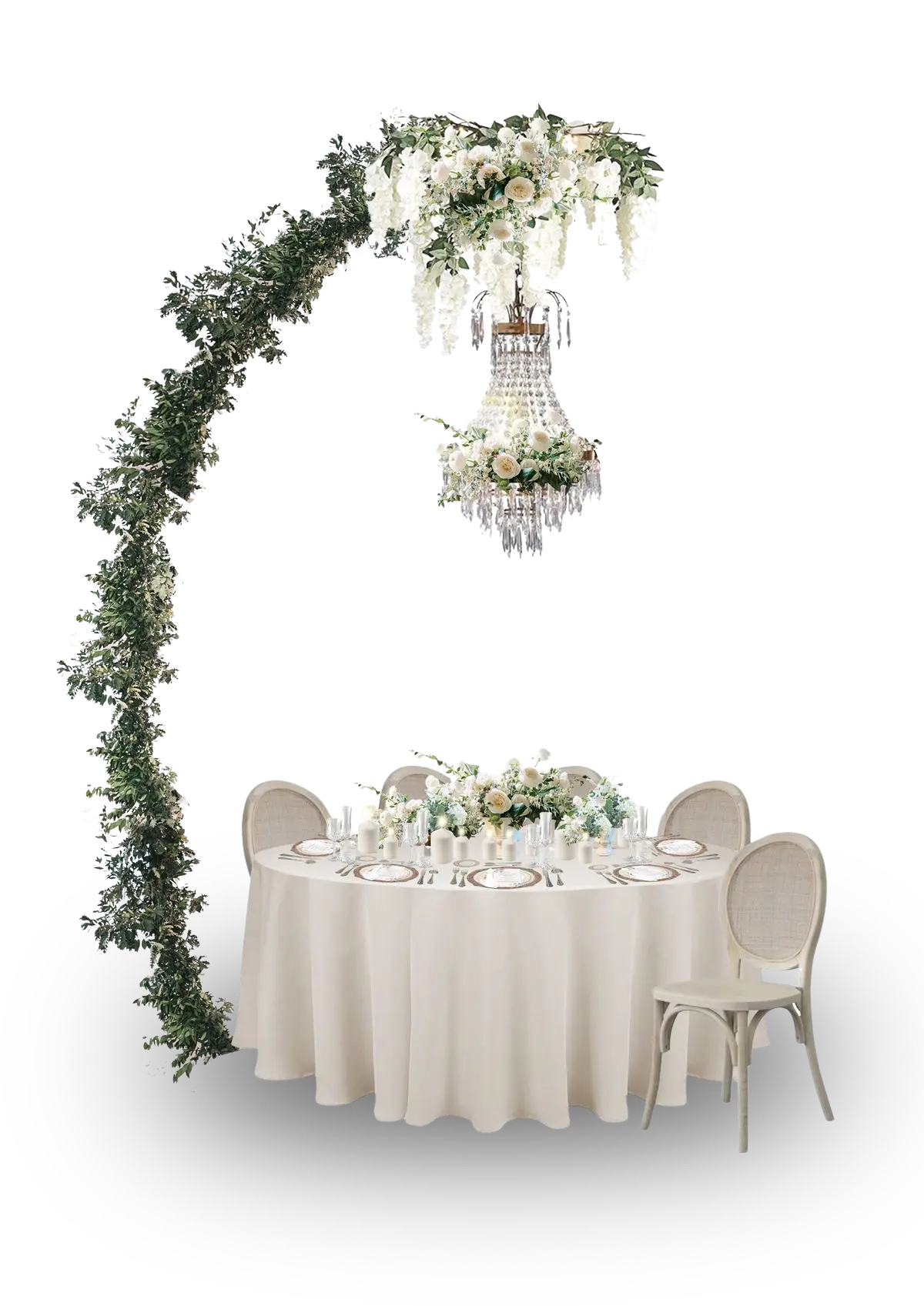 A round reception table set beneath a floral arch and crystal chandelier